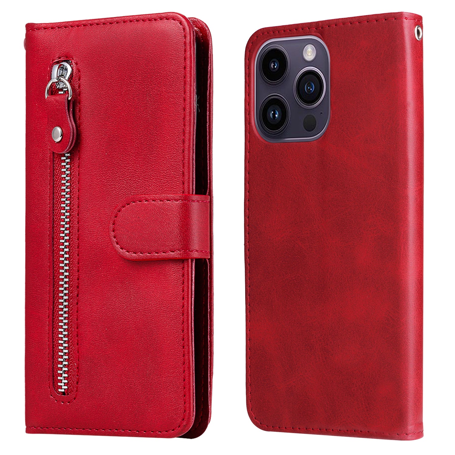 Uniqkart for iPhone 15 Pro Max Anti-Scratch Calf Texture Phone Case Zipper Pocket Wallet Foldable Stand Cover - Red Uniqkart for iPhone 15 Pro Max Anti-Scratch Calf Texture Phone Case Zipper Pocket Wallet Foldable Stand Cover - Red